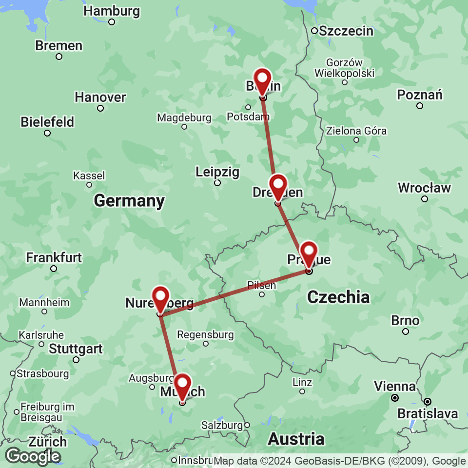 Route for Berlin, Dresden, Prague, Nuremberg, Munich tour